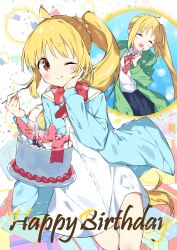 Rule 34 | 1girl, :d, ;), ^ ^, ahoge, birthday cake, blonde hair, blue jacket, blush, bocchi the rock!, bow, braid, brown eyes, cake, closed eyes, collared shirt, commentary request, confetti, dress, dress shirt, food, fork, green jacket, hand on own face, hands up, happy birthday, highres, holding, holding fork, ijichi nijika, jacket, long hair, multiple views, one eye closed, open clothes, open jacket, open mouth, red bow, sailor collar, sailor dress, shirt, side ponytail, smile, suta0822, very long hair, white background, white dress, white sailor collar, white shirt