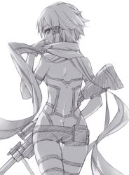 Rule 34 | 10s, 1girl, anti-materiel rifle, ass, bolt action, butt crack, from behind, gloves, greyscale, gun, monochrome, pgm hecate ii, rifle, scarf, short hair, short shorts, shorts, sinon, sketch, sniper rifle, solo, sword art online, tonee, weapon, white background