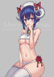 Rule 34 | 1girl, alternate skin color, bare arms, bare shoulders, bell, blush, bow, covering own mouth, crop top, crop top overhang, fate/grand order, fate (series), fur, hassan of serenity (fate), hassan of serenity (merry sheep) (fate), horn bow, horn ornament, horns, invisible chair, looking at viewer, mahou kyuuri, navel, panties, purple eyes, purple hair, red bow, revision, ribbon-trimmed legwear, ribbon trim, shiny skin, short hair, sidelocks, simple background, sitting, sleeveless, solo, stomach, thighhighs, underwear, white background, white panties, white thighhighs