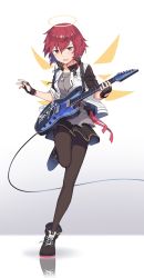 Rule 34 | 1girl, arknights, bad id, bad pixiv id, black pantyhose, dog tags, electric guitar, exusiai (arknights), fingerless gloves, full body, gloves, gradient background, guitar, halo, highres, holding, holding instrument, instrument, kataokasan, orange eyes, pantyhose, plectrum, red hair, reflective floor, short hair, solo, standing, standing on one leg, wings