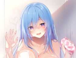 Rule 34 | 1girl, :d, artist request, blue eyes, blue hair, blush, breasts, cleavage, collarbone, completely nude, emori miku, holding, large breasts, liver city, long hair, looking at viewer, nude, open mouth, showering, smile, soap bubbles, solo, sponge, very long hair, wet