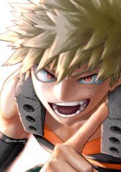 Rule 34 | 1boy, bakugou katsuki, bare shoulders, blonde hair, boku no hero academia, evil grin, evil smile, grin, imoan atag, leaning forward, looking at viewer, male focus, muscular, muscular male, open mouth, pointing, red eyes, simple background, smile, solo, spiked hair, sunlight, teeth, twitter username, white background