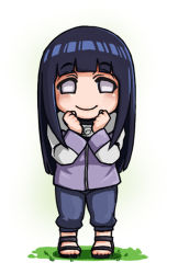 Rule 34 | 1girl, barefoot, blunt bangs, chibi, clenched hands, eyebrows, full body, headband, hyuuga hinata, long hair, long sleeves, naruto, naruto (series), no pupils, oreshika, sandals, shirt, simple background, smile, solo, standing, toes, vest, white background, white shirt