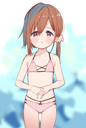 Rule 34 | 1girl, :o, bare arms, bare shoulders, bikini, blurry, blurry background, blush, brown hair, collarbone, depth of field, flat chest, gluteal fold, hair between eyes, hair ornament, hair scrunchie, highres, long hair, looking at viewer, low ponytail, meito (maze), original, parted lips, pink bikini, pink scrunchie, ponytail, red eyes, scrunchie, solo, standing, swimsuit