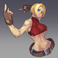 Rule 34 | 1girl, abs, absurdres, belt, blonde hair, blue eyes, blue mary, breasts, brown gloves, covered erect nipples, fatal fury, fengmo, fingerless gloves, gloves, gradient background, grey background, hair between eyes, hair intakes, highres, lips, looking at viewer, pointing, short hair, smile, solo, the king of fighters, underboob