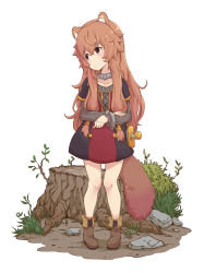 Rule 34 | 1girl, animal ear fluff, animal ears, brown footwear, brown hair, child, collarbone, commentary request, full body, long hair, long sleeves, looking to the side, nana-ine, outdoors, raccoon ears, raccoon girl, raccoon tail, raphtalia, shoes, simple background, solo, standing, sword, tail, tate no yuusha no nariagari, tree stump, weapon, white background