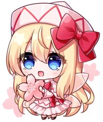 Rule 34 | 1girl, black footwear, blonde hair, blue eyes, blush, capelet, cherry blossoms, chibi, dress, fairy, fairy wings, full body, hair between eyes, hat, highres, lily white, long hair, long sleeves, open mouth, pudding (skymint 028), shoes, simple background, smile, solo, touhou, white background, white capelet, white dress, white hat, wide sleeves, wings