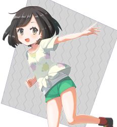 Rule 34 | 1girl, :d, absurdres, black hair, boots, clenched hand, collarbone, creatures (company), eyelashes, floral print, game freak, green shorts, grey eyes, highres, leg up, looking at viewer, nintendo, open mouth, outline, outstretched arm, peppedayo ne, pokemon, pokemon sm, selene (pokemon), shirt, short hair, short shorts, short sleeves, shorts, smile, solo, t-shirt, tied shirt, tongue, undershirt