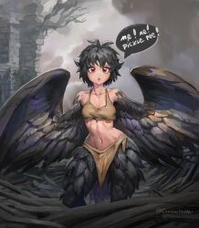 Rule 34 | 1girl, animal ears, bare shoulders, bird ears, bird legs, bird tail, black feathers, black hair, black wings, breasts, centralhanyuu, dark souls (series), dark souls iii, feathered wings, feathers, harpy, highres, messy hair, midriff, monster girl, navel, open mouth, personification, pickle pee pump-a-rum crow, rags, red eyes, short hair, small breasts, solo, speech bubble, tail, twitter username, winged arms, wings