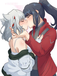 Rule 34 | 1boy, 1girl, animal ear fluff, animal ears, artist name, bare shoulders, black hair, blush, border, cat ears, cat girl, closed eyes, commentary, couple, english commentary, grey hair, hetero, high ponytail, highres, jacket, kiss, long hair, medium hair, mio (xenoblade), noah (xenoblade), open clothes, open jacket, outside border, pink background, red jacket, twitter username, two-tone background, white background, white border, white jacket, xenoblade chronicles (series), xenoblade chronicles 3, yaizaberry