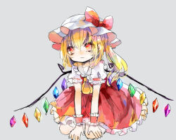 Rule 34 | 1girl, ascot, blonde hair, bow, closed mouth, crystal, flandre scarlet, frilled shirt collar, frilled skirt, frilled sleeves, frills, grey background, hair between eyes, hat, hat bow, hiyuu (hiyualice), looking at viewer, medium hair, mob cap, multicolored wings, one side up, puffy short sleeves, puffy sleeves, red bow, red eyes, red ribbon, red skirt, red vest, ribbon, shirt, short sleeves, simple background, skirt, skirt set, sleeve ribbon, solo, touhou, vest, white hat, white shirt, wings, wrist cuffs, yellow ascot