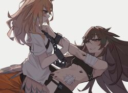 Rule 34 | 2girls, absurdres, arknights, bandaged arm, bandages, bandaid on stomach, black skirt, black thighhighs, blush, brown hair, clenched teeth, commentary, crop top, cuffs, english commentary, feathers, highres, kafka (arknights), long hair, looking at another, mole, mole under eye, multiple girls, navel, orange eyes, orange hair, oripathy lesion (arknights), pinecone (arknights), shirt, short sleeves, simple background, skirt, stomach, straddling, teeth, thighhighs, togekk0, white background, white shirt, yellow eyes, yuri, zettai ryouiki