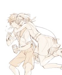 Rule 34 | 1boy, 1girl, absurdres, coffee cup, contemporary, cup, disposable cup, djeeta (granblue fantasy), dress, closed eyes, gran (granblue fantasy), granblue fantasy, highres, hug, hug from behind, jumping, monochrome, sepia, short hair, smile, soysae, spit take, spitting, surprised