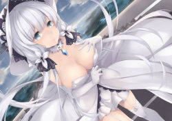 Rule 34 | 1girl, absurdres, azur lane, bare shoulders, breasts, cleavage, closed mouth, detached collar, dress, elbow gloves, garter straps, gloves, hair ornament, hat, highres, illustrious (azur lane), jewelry, kana616, lace trim, large breasts, long hair, looking at viewer, mole, mole under eye, pendant, sidelocks, smile, solo, strapless, strapless dress, sun hat, thighhighs, thighs, tri tails, white dress, white gloves, white hair, white hat, white thighhighs