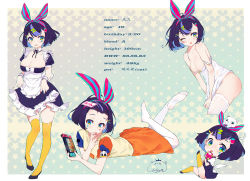 Rule 34 | 1girl, animal, animal on head, apron, bare arms, bare shoulders, black footwear, blue eyes, bottomless, breasts, brown shirt, brown skirt, camisole, candy, cat, character sheet, chibi, cleavage, closed mouth, commentary request, detached collar, disney, donald duck, dress, food, forehead, frilled apron, frills, hair ornament, hair ribbon, hairclip, heart, highres, holding, holding candy, holding food, holding lollipop, jiujiuyatou (yayanzz), legs up, licking, lollipop, lying, medium breasts, mickey mouse, multicolored hair, multiple views, nintendo switch, on head, on stomach, one eye closed, open mouth, pantyhose, puffy short sleeves, puffy sleeves, purple dress, purple hair, ribbon, shirt, shoes, short hair, short sleeves, signature, skirt, soles, standing, standing on one leg, star (symbol), starry background, strap slip, streaked hair, striped ribbon, thighhighs, tongue, tongue out, translation request, white apron, white camisole, white thighhighs, wrist cuffs, yellow thighhighs