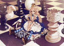 Rule 34 | 1girl, ace (playing card), ace of spades, alice (alice in wonderland), alice in wonderland, blonde hair, blue eyes, board game, boots, card, chess, chess piece, crown, cup, dice, dress, egg, fork, hat, highres, hourglass, knife, long hair, looking at viewer, ooyari ashito, oversized object, playing card, pocket watch, queen, rabbit, redrawn, sitting, solo, spade (shape), spoon, striped clothes, striped thighhighs, sugar bowl, sugar cube, tea, teacup, thighhighs, watch, white rabbit (alice in wonderland)