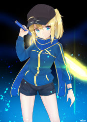Rule 34 | 1girl, 9nojo, ahoge, artist name, artoria pendragon (fate), baseball cap, black hat, blonde hair, blue eyes, blue jacket, blue scarf, breasts, commentary, fate/grand order, fate (series), hair between eyes, hat, highres, holding, holding sword, holding weapon, jacket, long hair, long sleeves, looking at viewer, mysterious heroine x (fate), pixiv fate/grand order contest 2, ponytail, scarf, shorts, sidelocks, solo, sword, track jacket, weapon