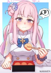 Rule 34 | 1girl, absurdres, bento, blue archive, blunt bangs, blush, breasts, cake, chopsticks, closed mouth, commission, flower, food, hair bun, halo, highres, holding, holding chopsticks, large breasts, long hair, looking at viewer, mika (blue archive), namaata, pink hair, purple flower, scrunchie, shirt, sidelocks, signature, simple background, single side bun, skeb commission, solo, spoken squiggle, squiggle, sweat, swiss roll, upper body, very long hair, white shirt, wings, wrist scrunchie
