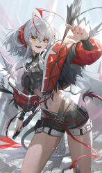 Rule 34 | 1girl, antennae, arknights, black gloves, black jacket, black shirt, black shorts, breasts, crop top, demon horns, demon tail, gloves, grey hair, highres, horns, jacket, large breasts, long sleeves, looking at viewer, midriff, navel, open clothes, open jacket, orange eyes, red eyes, red jacket, shirt, short hair, short shorts, shorts, simple background, smile, solo, tail, ttk (kirinottk), w (arknights), wis&#039;adel (arknights)