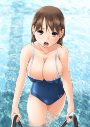 Rule 34 | 1girl, anegasaki nene, breasts, brown eyes, brown hair, cleavage, competition school swimsuit, highres, kantori, large breasts, love plus, mole, mole under eye, one-piece swimsuit, open mouth, school swimsuit, solo, swimsuit, tears, water, wet