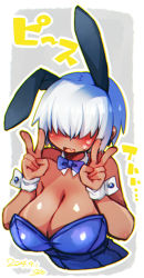 Rule 34 | 1girl, :d, animal ears, bare shoulders, blush, bow, bowtie, breasts, cleavage, covered eyes, dated, detached collar, double v, facing viewer, fang, hair over eyes, hands up, highres, large breasts, leotard, muroku (aimichiyo0526), open mouth, original, plump, purple bow, purple bowtie, purple leotard, rabbit ears, short hair, signature, smile, solo, strapless, strapless leotard, v, white hair, wrist cuffs
