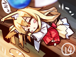Rule 34 | 1girl, animal ears, barefoot, blonde hair, blurry, blurry foreground, blush stickers, chibi, closed eyes, day, depth of field, fox ears, fox girl, fox tail, hair between eyes, hakama, hakama skirt, japanese clothes, long hair, long sleeves, lying, miko, on stomach, original, outdoors, parted lips, porch, red hakama, skirt, sleeping, solo, tail, very long hair, wide sleeves, yuuji (yukimimi), zzz