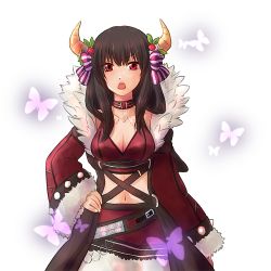 Rule 34 | 1girl, black coat, black hair, blush, bow, breasts, bug, butterfly, choker, coat, commentary request, cowboy shot, detached sleeves, flower, fur-trimmed sleeves, fur coat, fur trim, hand on own hip, horns, insect, long hair, looking at viewer, manoji, medium breasts, miniskirt, navel, official alternate costume, open mouth, pink bow, purple bow, ragnarok online, red eyes, red flower, red skirt, red sleeves, red sports bra, shadow chaser (ragnarok online), sidelocks, skirt, sleeveless, sleeveless coat, solo, sports bra, two-tone bow