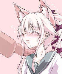Rule 34 | 10s, 1girl, animal ears, blush, cat ears, closed eyes, collarbone, eyelashes, gradient background, hair flaps, hair ornament, hair ribbon, hand on another&#039;s chin, highres, kantai collection, kemonomimi mode, long hair, pink background, pink hair, ponytail, ribbon, school uniform, serafuku, side ponytail, sidelocks, simple background, solo focus, stroking another&#039;s chin, sweat, trembling, tsukineko, yura (kancolle)