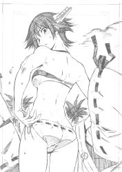 Rule 34 | &gt;:(, 1girl, absurdres, adjusting clothes, ass, bare shoulders, bikini, blush, breasts, closed mouth, cowboy shot, from behind, from below, greyscale, headgear, hiei (kancolle), highres, kantai collection, kojima takeshi, looking at viewer, looking back, looking down, monochrome, nose blush, outdoors, palm tree, revision, ribbon-trimmed bikini, short hair, side-tie bikini bottom, small breasts, solo, sweat, swimsuit, tree, v-shaped eyebrows, water drop