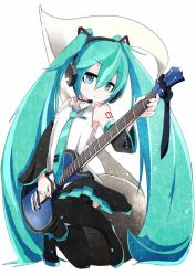 Rule 34 | 1girl, aqua eyes, aqua hair, bad id, bad pixiv id, boots, detached sleeves, electric guitar, full body, guitar, hatsune miku, headset, highres, hizakozouzu, instrument, kneeling, long hair, music, musical note, necktie, playing instrument, plectrum, skirt, solo, thigh boots, thighhighs, twintails, very long hair, vocaloid, white background