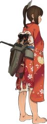 Rule 34 | 10s, 1girl, back turned, barefoot, bow, brown hair, dark skin, dark-skinned female, floral print, from behind, full body, i-401 (kancolle), japanese clothes, kantai collection, kimono, long sleeves, looking at viewer, looking back, machinery, new year, official art, ponytail, propeller, sash, shibafu (glock23), short hair, sidelocks, sleeves past wrists, solo, standing, torn clothes, transparent background, white background