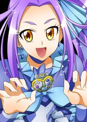 Rule 34 | 10s, 1girl, :d, bad id, bad pixiv id, black background, blue skirt, brooch, cure beat, earrings, frills, heart, heart earrings, jewelry, kurokawa eren, long hair, looking at viewer, magical girl, open mouth, parted bangs, precure, purple hair, seiren (suite precure), senmu (0107), side ponytail, skirt, smile, solo, sparkle, suite precure, upper body, wrist cuffs, yellow eyes