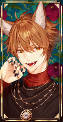 Rule 34 | 1boy, animal ears, beads, black nails, border, brown eyes, brown hair, chain, chain necklace, cocosuke, dog ears, fangs, finger tattoo, floral background, flower, hand up, hibiscus, highres, jackal ears, jewelry, layered clothes, long sleeves, looking at viewer, male focus, mole, mole under mouth, multiple rings, nail polish, necklace, open mouth, original, pendant, portrait, red flower, red sweater, ring, short hair, signature, solo, sweater, tattoo, tongue, turtleneck