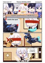 Rule 34 | 2023, 4koma, 6+girls, @ (symbol), ^ ^, absurdres, angry, black hair, blindfold, breasts, bronya zaychik, character request, chibi, chinese clothes, cleavage, closed eyes, closed mouth, comic, drill hair, english text, fu hua, fu hua (valkyrie accipiter), grey eyes, grey hair, hair between eyes, happy birthday, hat, highres, holding, holding weapon, honkai (series), honkai impact 3rd, indoors, kiana kaslana, kiana kaslana (white comet), krishna (honkai impact), mark1019, multiple girls, oath of judah, official alternate costume, open mouth, party hat, pinata, raiden mei, raiden mei (danzai spectramancer), red-framed eyewear, seele vollerei, small breasts, smile, standing, sweatdrop, tail, theresa apocalypse, twitter username, weapon, white hair, x mark