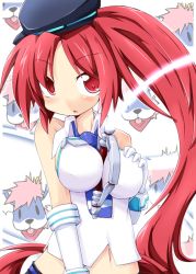 Rule 34 | 10s, 1girl, between breasts, blush, breasts, cardfight!! vanguard, dog, female focus, hat, high dog breeder akane, long hair, navel, necktie, ponytail, red eyes, red hair, reku, royal paladin, side ponytail, sleeveless, solo, very long hair, wingal
