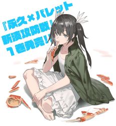 Rule 34 | 1girl, barefoot, black hair, blue eyes, closed mouth, collarbone, crab, dress, eating, food, green jacket, hair between eyes, holding, holding food, indian style, jacket, jacket on shoulders, long hair, mogumo, sitting, solo, tokoshie bullet, twintails, white dress