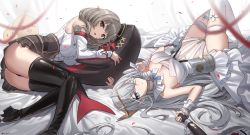 Rule 34 | 3girls, absurdres, azur lane, bare shoulders, belt, blouse, blue eyes, boots, braid, breast pocket, breasts, bridal gauntlets, brown eyes, brown hair, chain, cleavage, cuffs, detached collar, detached sleeves, dress, emden (azur lane), flower, flower over eye, gloves, hair between eyes, hat, highres, holding, holding hands, holding stuffed toy, jeze, large breasts, long hair, luetzow (azur lane), lying, manjuu (azur lane), mini hat, multiple girls, nail polish, on back, on bed, on side, out of frame, pillow, pocket, red nails, rose, shackles, shirt, signature, skirt, stuffed animal, stuffed toy, thigh boots, thigh strap, thighhighs, thighs, torn clothes, torn gloves, white hair, white shirt