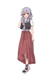 Rule 34 | 1girl, absurdres, black socks, bow, braid, casual, fate/grand order, fate (series), full body, hand in own hair, hane yuki, highres, jewelry, long hair, long skirt, necklace, red eyes, silver hair, simple background, single braid, skirt, socks, solo, standing, tomoe gozen (fate), very long hair, white background