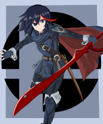 Rule 34 | 1girl, absurdres, belt, black hair, blue hair, boots, cape, cosplay, fingerless gloves, fire emblem, fire emblem awakening, gloves, grey background, highres, holding, holding sword, holding weapon, kibble3, kill la kill, logo, looking at viewer, lucina (fire emblem), lucina (fire emblem) (cosplay), matoi ryuuko, multicolored hair, nintendo, red hair, scabbard, scissor blade (kill la kill), sheath, short hair, signature, solo, streaked hair, super smash bros., sword, thigh boots, thighhighs, two-tone hair, weapon