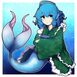 Rule 34 | 1girl, blue eyes, blue hair, blush, drill hair, fins, full body, head fins, highres, hurin raika, japanese clothes, kimono, long sleeves, looking at viewer, mermaid, monster girl, obi, outline, sash, short hair, smile, solo, touhou, wakasagihime, white outline, wide sleeves
