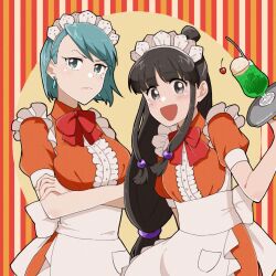 Rule 34 | 2girls, :d, ace attorney, apron, arm at side, back bow, beads, black hair, blue eyes, blue hair, blunt bangs, blush, bow, bowtie, buttons, caramelrag, center frills, closed mouth, collared dress, cowboy shot, crossed arms, dress, earrings, food, franziska von karma, frilled apron, frills, grey eyes, hair beads, hair ornament, hand up, highres, holding, holding tray, ice cream, ice cream float, jewelry, long hair, looking at viewer, low-tied long hair, low-tied sidelocks, maid, maid apron, maid headdress, maya fey, melon soda, mole, mole under eye, multiple girls, open mouth, orange dress, pocket, puffy short sleeves, puffy sleeves, red bow, red bowtie, short hair, short sleeves, smile, swept bangs, topknot, tray, tres bien maid uniform, v-shaped eyebrows, white apron, white bow