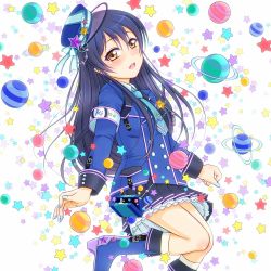 Rule 34 | 10s, 1girl, armband, blue hair, blue nails, blush, boots, buttons, double-breasted, epaulettes, gloves, hat, hiro9779, leg lift, long hair, long sleeves, looking at viewer, love live!, love live! school idol festival, love live! school idol project, nail polish, necktie, open mouth, planet, pleated skirt, police, police uniform, pouch, skirt, solo, sonoda umi, star (symbol), uniform, yellow eyes