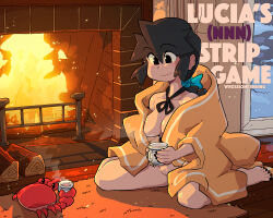 Rule 34 | 1girl, black nails, black ribbon, blanket, blue bow, bow, braid, braided ponytail, breasts, cleavage, crab, cup, english text, fire, fireplace, hair bow, highres, holding, holding cup, log, lucia (scott malin), medium breasts, meme, neck ribbon, nude, original, ribbon, rug, scott malin, shadow, snow, solo, sparks, steam, twitter strip game (meme)