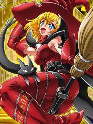 Rule 34 | 1girl, ass, black cat, blonde hair, blue eyes, breasts, broom, cape, cat, digimon, digimon (creature), digimon collectors, dress, facial mark, familiar, fangs, female focus, hat, high collar, large breasts, lowres, monster girl, official art, saddle, solo, tattoo, witch, witch hat, witchmon