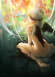 Rule 34 | 10s, 1girl, 2015, angel, ass, balloon, barefoot, black wings, blindfold, dated, feathered wings, feathers, from behind, grass, highres, huazha01, long hair, nude, original, short hair, silver hair, sitting, sketch, solo, wariza, wings