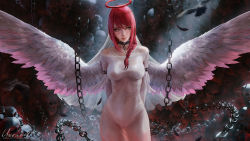 Rule 34 | 1girl, arms behind back, artist name, black choker, black thighhighs, braid, breasts, chain, chainsaw man, choker, closed mouth, cowboy shot, dress, feathered wings, feathers, hair over shoulder, halo, long hair, looking at viewer, makima (chainsaw man), medium breasts, off-shoulder dress, off shoulder, red hair, see-through, side slit, skull, solo, standing, thighhighs, unravel page, watermark, web address, white dress, white wings, wings, yellow eyes