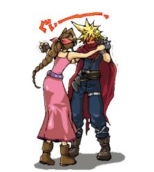 Rule 34 | 1boy, 1girl, aerith gainsborough, armor, bare arms, belt, blonde hair, blue pants, blue shirt, blush, boots, braid, brown hair, cape, cloud strife, dress, final fantasy, final fantasy vii, fingerless gloves, garakuta (chika), gloves, hair ribbon, holding another&#039;s wrist, jewelry, kingdom hearts, long dress, long hair, lowres, materia, necklace, pants, parted bangs, pink dress, pink ribbon, pixel art, popo (popochan-f), red cape, ribbon, shirt, shoulder armor, spiked hair, square enix, sweatdrop, thigh strap, trembling, white background