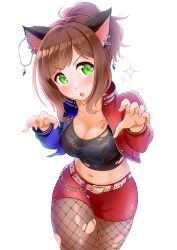 Rule 34 | &gt;:o, 1girl, animal ears, belt, black shirt, blush, breast tattoo, breasts, brown hair, brown pantyhose, cat ears, cleavage, collarbone, ear piercing, earrings, fang, fishnet pantyhose, fishnets, green eyes, highres, idolmaster, idolmaster cinderella girls, jacket, jewelry, kemonomimi mode, kibihimi, large breasts, long sleeves, looking at viewer, maekawa miku, midriff, navel, open mouth, pantyhose, pantyhose under shorts, piercing, shirt, shorts, simple background, solo, tattoo, torn clothes, torn pantyhose, torn shirt, v-shaped eyebrows, white background