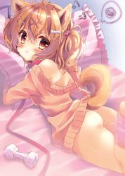 Rule 34 | 1girl, :t, puff of air, ahoge, animal collar, animal ears, ankle socks, ass, bad id, bad twitter id, bare shoulders, bed sheet, blonde hair, blush, bone, bone hair ornament, breasts, collar, commentary request, dog ears, dog girl, dog tail, dress, hair between eyes, hair ornament, hairclip, heart, heart hair ornament, highres, honoka chiffon, indoors, leash, lifted by tail, lips, looking at viewer, looking back, lying, medium breasts, medium hair, naked sweater, no panties, hugging object, off shoulder, on bed, on stomach, original, pillow, pillow hug, pink socks, pout, red collar, shoulder blades, socks, solo, spoken squiggle, squiggle, star (symbol), star hair ornament, sweater, sweater dress, tail, two side up, v-shaped eyebrows, x hair ornament, yellow eyes
