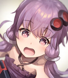 Rule 34 | 1girl, bare shoulders, blurry, blurry background, close-up, collarbone, commentary, criss-cross halter, dress, hair ornament, hair tubes, halterneck, happy, highres, indoors, light blush, looking at viewer, nintendo switch, open mouth, purple dress, purple eyes, purple hair, sidelocks, smile, solo, upper body, vocaloid, voiceroid, yasuhara roku, yuzuki yukari